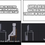 hill climb racing electric car vs. super diesel 4x4 | SUPER DIESEL 4X4 REACHING 11000M IN HIGHWAY; TAKING THE ELECTRIC CAR WITH NO UPGRADES THROUGH NUCLEAR PLANT | image tagged in seizure guy,hill climb racing | made w/ Imgflip meme maker