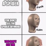 Stonks Panic Calm Panic | YOU SEE A SPIDER; YOU DON'T SEE THE SPIDER ANYMORE; YOU DON'T SEE THE SPIDER ANYMORE | image tagged in stonks panic calm panic | made w/ Imgflip meme maker
