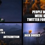 X in 2029 | PEOPLE WHO WERE ON TWITTER FOR YEARS; ELON MUSK; CONTROVERSIAL CHANGES MADE TO X; JACK DORSEY; ANTISEMITISM | image tagged in lorax leaving,elon musk,twitter,elon musk buying twitter,x,twitter x | made w/ Imgflip meme maker