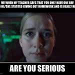 Me when my teacher gives out homework | ME WHEN MY TEACHER SAYS THAT YOU ONLY HAVE ONE DAY AND HE/SHE STARTED GIVING OUT HOMEWORK AND IS REALLY HARD; ARE YOU SERIOUS | image tagged in vanessa stare | made w/ Imgflip meme maker
