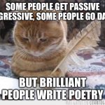 Poetry | SOME PEOPLE GET PASSIVE AGGRESSIVE, SOME PEOPLE GO DARK; BUT BRILLIANT PEOPLE WRITE POETRY | image tagged in writer cat | made w/ Imgflip meme maker