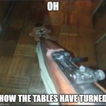 Gun pointing at freddy | OH; HOW THE TABLES HAVE TURNED | image tagged in gun pointing at freddy | made w/ Imgflip meme maker