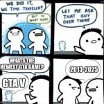 We have to wait 2 more years for GTA VI | WHATS THE NEWEST GTA GAME? 2013-2025; GTA V | image tagged in we did it we time traveled | made w/ Imgflip meme maker