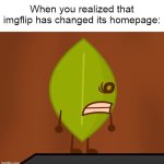 BRING BACK THE IMGFLIP OLD HOME PAGE | When you realized that imgflip has changed its homepage: | image tagged in bfdi wat face | made w/ Imgflip meme maker