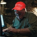 MAGA HAT LAUGHING AT COMPUTER, TROLL