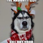 Timesheet reminder | DON'T BE ON THE NAUGHTY LIST; FILL OUT YOUR TIMESHEET TODAY! | image tagged in husky happy holidays | made w/ Imgflip meme maker