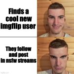 Yes noooo | Finds a cool new imgflip user; They follow and post in nsfw streams | image tagged in yes noooo | made w/ Imgflip meme maker