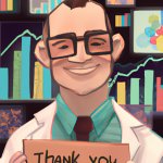 Data nerd with prescription glasses saying thank you, with data