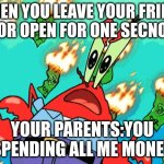 Youre spending me all me money | WHEN YOU LEAVE YOUR FRIDGE DOOR OPEN FOR ONE SECOND; YOUR PARENTS:YOU SPENDING ALL ME MONEY | image tagged in spending all me money,spongebob,money,mr krabs | made w/ Imgflip meme maker