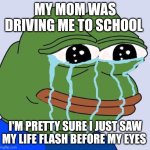 Hlp. | MY MOM WAS DRIVING ME TO SCHOOL; I'M PRETTY SURE I JUST SAW MY LIFE FLASH BEFORE MY EYES | image tagged in crying frog | made w/ Imgflip meme maker