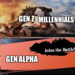 Godzilla vs Kong vs Cheems | GEN Z; MILLENNIALS; GEN ALPHA | image tagged in godzilla vs kong vs cheems,memes,millennials,gen z,gen alpha | made w/ Imgflip meme maker