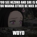 Depressed Nezuko | POV: YOU SEE NEZUKO AND SHE IS REALLY SAD AND YOU WANNA EITHER BE NICE OR BE MEAN; WDYD | image tagged in depressed nezuko | made w/ Imgflip meme maker