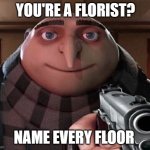Gru Gun | YOU'RE A FLORIST? NAME EVERY FLOOR | image tagged in gru gun,despicable me,gru's plan | made w/ Imgflip meme maker