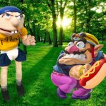 Wario dies by stealing Jeffy's hot dog | image tagged in landscape,wario dies,sml,crossover | made w/ Imgflip meme maker