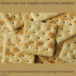 I'm never eating that brand again | Roses are red, maybe cancel the packers, I just got food poisoning from a package of crackers | image tagged in crackers | made w/ Imgflip meme maker