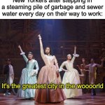 The greatest city in the woooorld | New Yorkers after stepping in a steaming pile of garbage and sewer water every day on their way to work:; It's the greatest city in the woooorld | image tagged in hamilton angelica,hamilton,new york city,funny,memes | made w/ Imgflip meme maker
