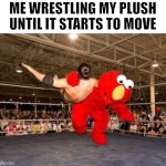 Help | ME WRESTLING MY PLUSH UNTIL IT STARTS TO MOVE | image tagged in elmo tackle,memes,funny,a random meme | made w/ Imgflip meme maker