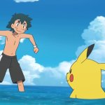 Ash & Pikachu Playing wioth each other in the water template