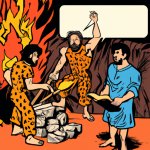 Cavemen in college studying fire