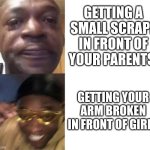 its true | GETTING A SMALL SCRAPE IN FRONT OF YOUR PARENTS; GETTING YOUR ARM BROKEN IN FRONT OF GIRLS | image tagged in black guy crying and black guy laughing,crybabies,fun,funny memes,nostalgia,childhood | made w/ Imgflip meme maker