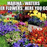 Marina’s flower garden | MARINA: *WATERS HER FLOWERS* HERE YOU GO! | image tagged in flower garden | made w/ Imgflip meme maker