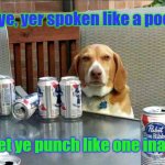 Yer talkin' pure mince | Aye, yer spoken like a poet; bet ye punch like one inaw | image tagged in beer dog,gonnie no dae that | made w/ Imgflip meme maker
