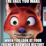 Nick is Appalled | THE FACE YOU MAKE; WHEN YOU LOOK AT YOUR FRIEND'S BROWSER HISTORY | image tagged in wide-eyed nick wilde,zootopia,nick wilde,the face you make when,browser history,funny | made w/ Imgflip meme maker