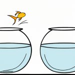 Fish jumping out of a fishbowl with fish in it to jump into anot