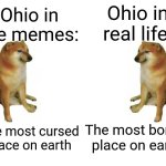 Ohio is boring. Trust me, I live there. | Ohio in real life:; Ohio in the memes:; The most boring place on earth; The most cursed place on earth | image tagged in cheems vs cheems,ohio,memes,funny | made w/ Imgflip meme maker