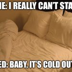 Baby It’s Warm In Bed | ME: I REALLY CAN’T STAY; MY BED: BABY, IT’S COLD OUTSIDE | image tagged in bed,cold,baby,outside,stay | made w/ Imgflip meme maker