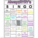 Blank Bingo Card | AlwayzRYRY's; Has no phone; Plays console games; Enjoys Iceu; Thinks they have ADHD; Loves Spaghetti; Part Cuban; Perfers Nike; Junior high age (13+); Makes MEMES for fun; Loves Pokémon; Favorite country is Europe for no reason; Does pixel art better than normal art; Parents overbuy presents; Free 
Free
Free; Favorite subject is science; Hates Brussels sprouts; Perfers shorts over pants; Watches YouTube Kids (Why me?); Watches The Simpsons; Loves specific weather; Favorite holiday is Chrismas; Overthinks; Has too many plushies; Loves music; Reads manga/graphic novels | image tagged in blank bingo card | made w/ Imgflip meme maker
