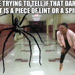 Especially when you have bad eyesight :( | ME TRYING TO TELL IF THAT DARK SPOT IS A PIECE OF LINT OR A SPIDER | image tagged in hallway and lockers | made w/ Imgflip meme maker