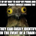 Pootoo Bird | I GO OUT OF MY WAY TO KEEP MY PHONE AND WALLET IN A SECURE  POCKET WHILST RIDING THE TRAIN SO THEY CAN EASILY IDENTIFY MY BODY IN THE EVENT  | image tagged in pootoo bird | made w/ Imgflip meme maker