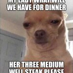 my lady :} | MY LADY WHAT WILL WE HAVE FOR DINNER; HER THREE MEDIUM WELL STEAK PLEASE | image tagged in chihuahua meme face | made w/ Imgflip meme maker