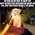 Turns out he came to America and was living in a camping site with he friends until they found work? | MY DAD ON HIS WAY TO DROP THE MOST INTERESTING INFORMATION ABOUT HIS LIFE, AND THEN NEVER BRING IT UP AGAIN | image tagged in on my way cat,dads | made w/ Imgflip meme maker