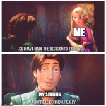 A horrible decision really | ME; MY SIBLING | image tagged in a horrible decision really | made w/ Imgflip meme maker