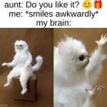 "Yes... but... what is it?" | aunt: Do you like it? 😊🎁
me: *smiles awkwardly*
my brain: | image tagged in memes,persian cat room guardian,christmas,aunt | made w/ Imgflip meme maker