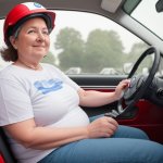 woman with helmet drives car