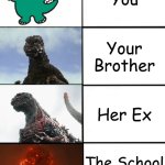 Strength of Godzilla 4-panel | You; Your Brother; Her Ex; The School Gigachad | image tagged in strength of godzilla 4-panel | made w/ Imgflip meme maker