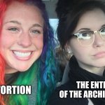 I am not a who... I am a what. (Listen to The Magnus Archives, I'm begging you) | THE ENTIRETY OF THE ARCHIVAL CREW; THE DISTORTION | image tagged in rainbow girl and goth girl,rainbow hair and goth,horror,podcast | made w/ Imgflip meme maker