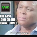Am I a joke to you? | 00:01; THE LAST SECOND ON THE MICROWAVE TIMER: | image tagged in am i a joke to you | made w/ Imgflip meme maker
