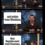Dad As A Newscaster | If thieves wear sneakers, and artists wear Skechers, then linguists must wear Converse. | image tagged in newscaster three panel jim jefferies blank,humor,funny,pun,dad joke | made w/ Imgflip meme maker