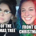 Happy holidays! | BACK OF THE CHRISTMAS TREE; FRONT OF THE CHRISTMAS TREE | image tagged in two girls two hair,christmas,merry christmas,christmas tree,relatable,dank memes | made w/ Imgflip meme maker