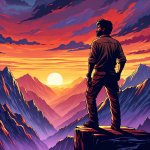 Man standing on a mountain watching the sunset
