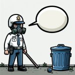 an police with a white gas mask is comes to near of a trash can