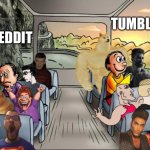 Several happy guys on bus vs. several sad guys on bus | TUMBLR; REDDIT | image tagged in several happy guys on bus vs several sad guys on bus,reddit,tumblr,memes,shitpost,virgin vs chad | made w/ Imgflip meme maker