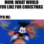 Who else is excited for Christmas | MOM: WHAT WOULD YOU LIKE FOR CHRISTMAS; 7YO ME: | image tagged in yakko inhale,christmas,childhood,memes,fun stream | made w/ Imgflip meme maker