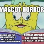 Pls I need help again what is the correct definition | MASCOT HORROR; A HORROR GAME THAT HAS A CARACTER WHO IS ABLE TO BE SOLD AS PLUSHIES AND OTHER MERCHINDICE; A HORROR GAME WHITCH HAS THE MAIN VILLAIN AS A MASCOT OF A COMPANY | image tagged in spongebob crosseyed book meme | made w/ Imgflip meme maker