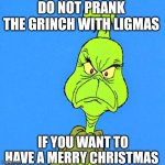 Merry Christmas ya immature brats | DO NOT PRANK THE GRINCH WITH LIGMAS; IF YOU WANT TO HAVE A MERRY CHRISTMAS | image tagged in grinch,merry christmas,christmas,the grinch,dr seuss,ligma | made w/ Imgflip meme maker