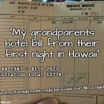 1947 Honolulu Hawaii hotel bill inflation | "My grandparents hotel bill from their first night in Hawaii"; $8 1947 = $110 2023
inflation total 1277%; As if a Honolulu hotel could be found for $110 a night | image tagged in hotel bill 1947 hawaii 8 jpp,inflation,cost,change,funny,humor | made w/ Imgflip meme maker